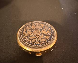 Vintage Damascene Enamel Pill Box with Birds and Flowers