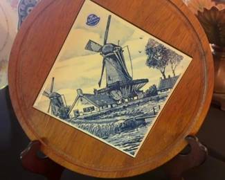 Boma Delft Blue Windmill Tile Mounted on Wooden Plaque