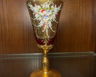 Murano Tre Fuochi Ruby Red Wine Glasses with Gilt Decoration