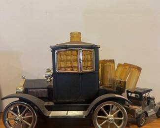 Vintage s Ford Model T Liquor Decanter with Music Box and Glasses