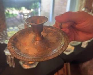 Brass Candlestick Holder with Embossed Floral Design second image