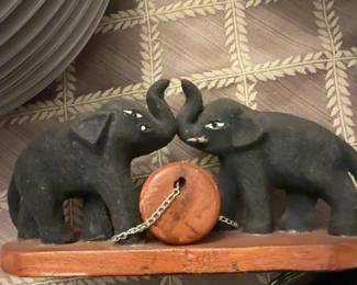 Vintage Carved Ebony Wood Elephant Pair with Orb second image