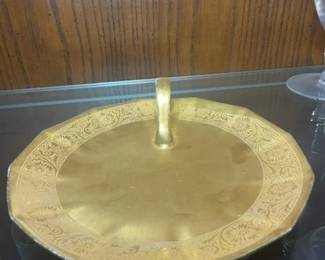 Gilt Porcelain Serving Tray with Handle