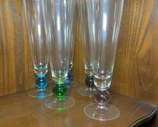 Set of Colored Ball Stem Flute Glasses