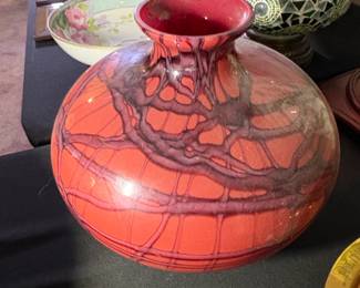 Vintage Czech Art Glass Vase, Orange and Purple Swirl