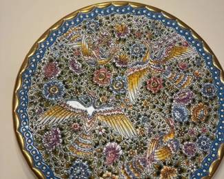 HandPainted Turkish Iznik Ceramic Plate with Birds and Floral Motif