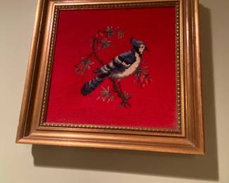Vintage Framed Blue Jay Needlepoint Art