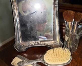silverplate vanity set, make-up brushes