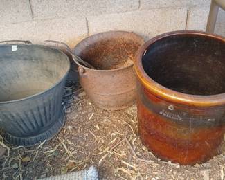 primitive / farmhouse / garden salvage grouping. The standout is the large brown glazed crock