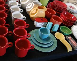 Vintage mid-century kitchenware and dinnerware Fiesta Ware, Homer Laughlin, and other atomic-era pottery styles.