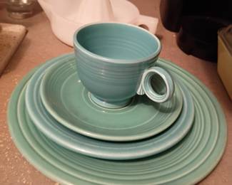 turquoise Fiesta Ware place setting featuring the classic ring design