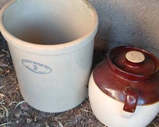 crock #3 marked “National Potteries Co. — Marshall, Texas” & pot / lidded casserole crock