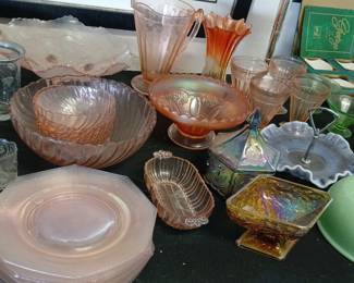 vintage glassware grouping, mostly Depression-style / carnival / pink glass / green glass / opalescent serving pieces
