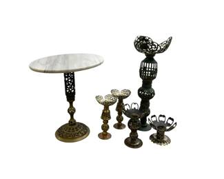 Antique Brass Stands and Marble Plant Table