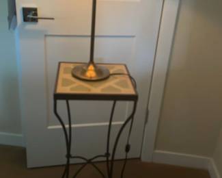Narrow Brass Lamp And Tile Top Side table