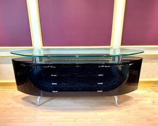 $2500 - Maurice Villency Mid-Century Black Hacguer Buffet w/ Stiletto Metal Legs - 80" x 20" x 36"