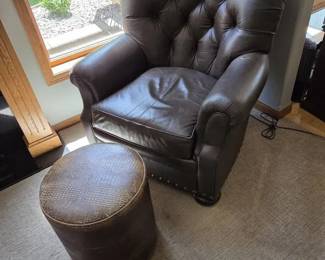 Tufted Brown Leather Armchair with Ottoman