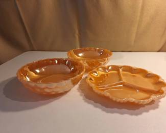 006 Vintage Marigold Carnival Glass Serving Set Bowls  Divided Relish Dish
