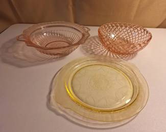 Vintage Depression Glass 3Piece Lot Pink Serving Bowls  Yellow Cameo Plate