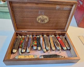 Collection of Vintage Pocketknives in Wooden Display Case