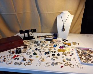 Large Vintage  Costume Jewelry Assortment with Watches and Keepsake Box