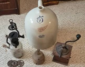 Antique Stoneware Jug, Butter Stamp  Vintage Farmhouse Kitchen Tools