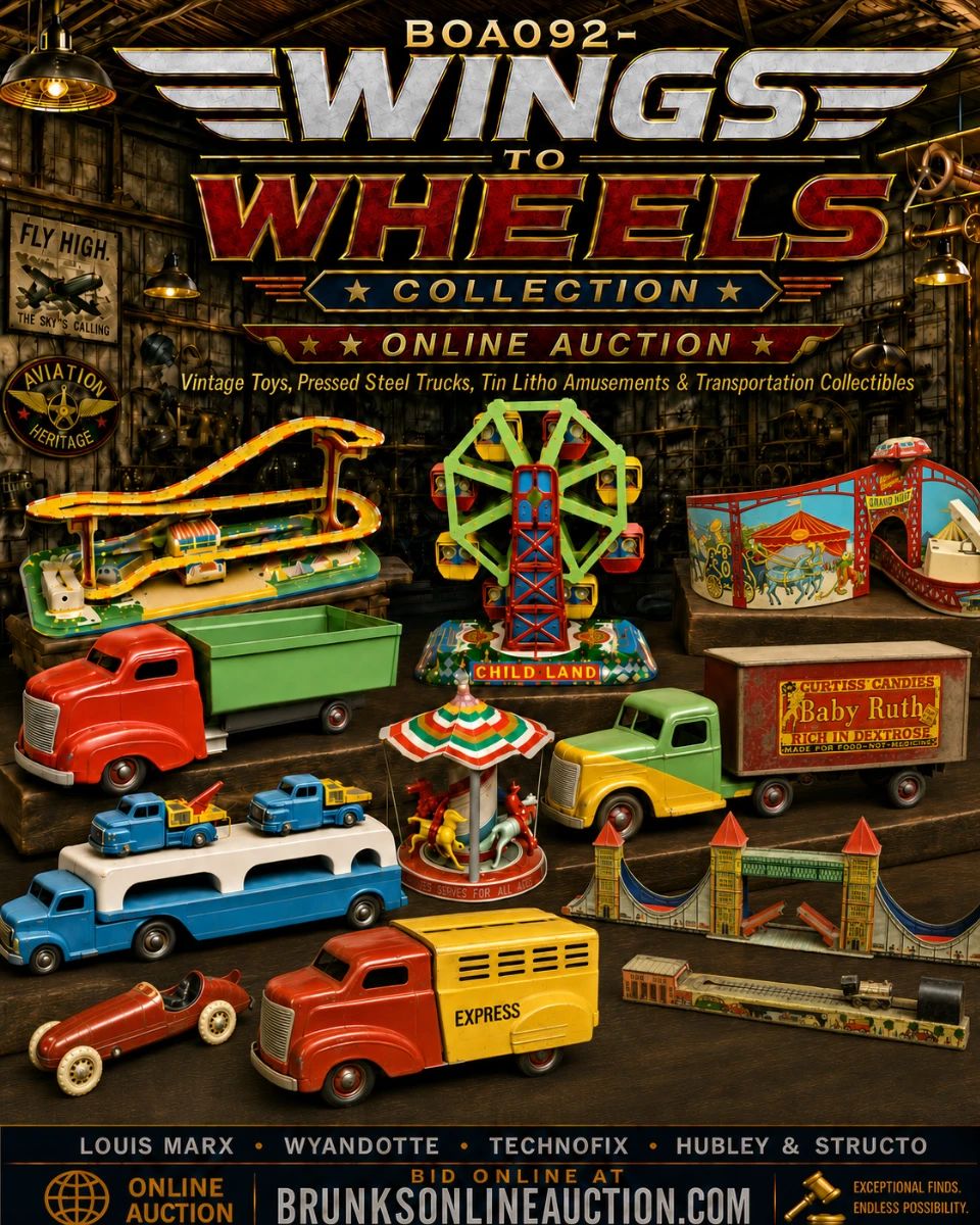 Wings to Wheels Collection online auction private collection collector auction vintage collectibles transportation collectibles display collectibles nostalgic collectibles toy collector collector-grade lots boxed collectibles carded collectibles new in box NIB collectibles advertising collectibles Americana collectibles mechanical collectibles reseller lots collection builders vintage toys antique toys pressed steel toys pressed steel trucks tin litho toys tin lithograph toys mechanical toys wind-up toys clockwork toys friction toys toy trucks early toy trucks vintage truck toys dump trucks tanker trucks tow trucks transporters truck and trailer car haulers toy construction vehicles toy carousels mechanical carousel tin roller coaster Jet Roller Coaster auto speedway toy Child Land toys carnival toys amusement park toys Wyandotte toys Wyandotte pressed steel All-Metal Products