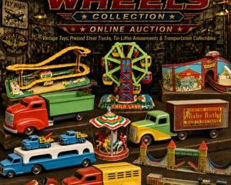 Wings to Wheels Collection online auction private collection collector auction vintage collectibles transportation collectibles display collectibles nostalgic collectibles toy collector collector-grade lots boxed collectibles carded collectibles new in box NIB collectibles advertising collectibles Americana collectibles mechanical collectibles reseller lots collection builders vintage toys antique toys pressed steel toys pressed steel trucks tin litho toys tin lithograph toys mechanical toys wind-up toys clockwork toys friction toys toy trucks early toy trucks vintage truck toys dump trucks tanker trucks tow trucks transporters truck and trailer car haulers toy construction vehicles toy carousels mechanical carousel tin roller coaster Jet Roller Coaster auto speedway toy Child Land toys carnival toys amusement park toys Wyandotte toys Wyandotte pressed steel All-Metal Products