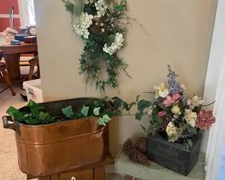 Small Vintage Wood Tables, CopperToned Tub, Faux Plants