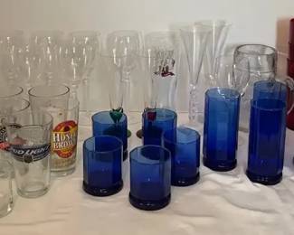 Collection of Drinking Glasses Anchor Hocking Cobalt Blue, Handmade Ceramic Glasses, More
