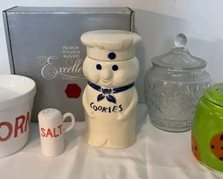Vintage Pillsbury Doughboy Cookie Jar, Ceramic Popcorn Bucket, other Decorative Cookie Jars