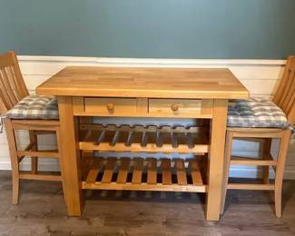Butcher Block Island Bar Table with Stools