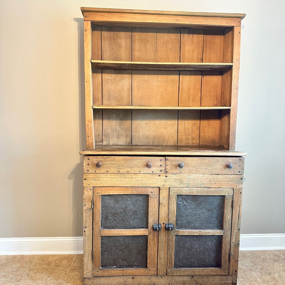 #010		Primitive American Pie Safe w Hutch Punched Aluminum Cabinet Doors . Square Nailheads, Worm Wood Look. 1 Pc Heavy! 42.5Wx 8”Dx 72.5”H	 $ 375.00 		