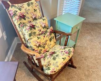 #011		Maple Rocking Chair w Custom Yellow Floral Cushions 24”w x 22” seat d x 41”h	 $ 65.00 																						