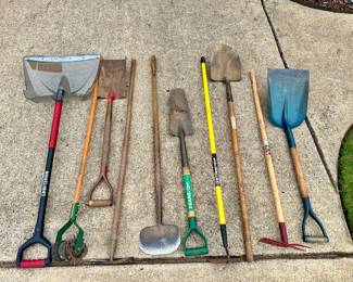 #048 Lot of 10 Garden Tools 4 Shovels, 1 Craftsman Snow Shovel, 1 Pick Mattock, 1 Craftsman Garden Hoe, 1 Lawn edging tool, 1 Dual sided hoe/cultivator, 1 Rotary cultivator $50