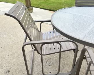 #007		Patio Set 48” Round Glass Top Table w 4 Vinyl Strap Pool chairs`	 $ 150.00 																						