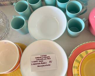 #034		Vintage Corelle by Corning Seafoam/Aquq set of 7 Mugs + 2 Round Serving Bowls	 $ 28.00 																						