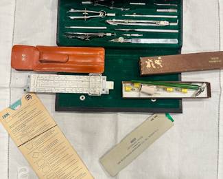 #038		"Lot of Vintage Drafting Tools Tacro drafting tool kit 2336 Wrico pen no. 6 AR (lettering pen) Keuffel & Esser (K&E) slide ruler w case IBM flow chart form Wrico Lettering Guide"	 $ 75.00 																						