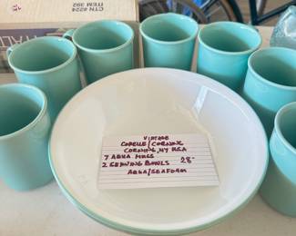 #034		Vintage Corelle by Corning Seafoam/Aquq set of 7 Mugs + 2 Round Serving Bowls	 $ 28.00 																						