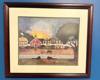 #029		Litho Art Print Country Folk Painting by Barbara A. Palmer A Charming Look At A Quiet Town” Frame mis-aligned in top right corner (shown in picture). 27.5x23.5	 $ 26.00 																						