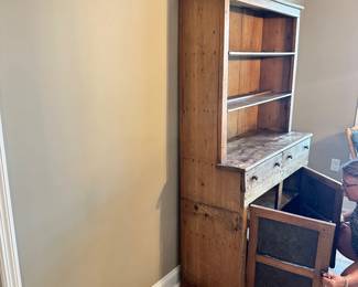 #010		Primitive American Pie Safe w Hutch Punched Aluminum Cabinet Doors . Square Nailheads, Worm Wood Look. 1 Pc Heavy! 42.5Wx 8”Dx 72.5”H	 $ 375.00 																						