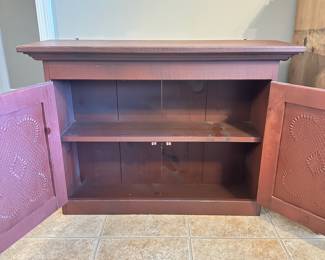 #016		"Americana primitive-style rustic red wooden pie safe cabinet with punched door panels Free standing also has hardware attached for wall hanging. 33.5w x 10.5d x 25t"	 $ 120.00 																						