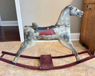 #032		Antique Primitive Wooden Glider Rocking Horse. Dappled Gray 1890s-early 1900s. As is footboard 26”h x 42”w	 $ 300.00 																						