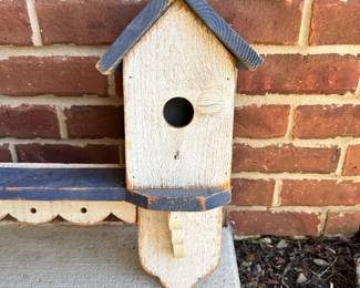 #020		Vintage rustic farmhouse-style wooden birdhouse shelf with two houses and a distressed finish 31”l x 18.5”t x 6”d	 $ 32.00 																						