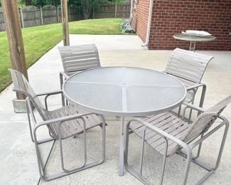 #007		Patio Set 48” Round Glass Top Table w 4 Vinyl Strap Pool chairs`	 $ 150.00 																						