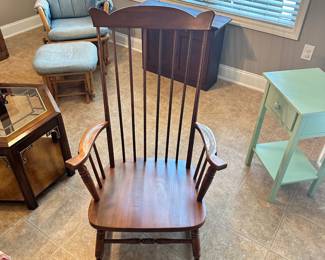 #011		Maple Rocking Chair w Custom Yellow Floral Cushions 24”w x 22” seat d x 41”h	 $ 65.00 																						