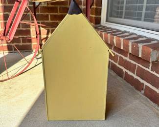 #018		Charming Yellow Hexagon Birdhouse w Pointed Roof 21”t x 12”w. One loose wire just needs staple.	 $ 25.00 																						