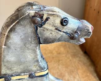 #032		Antique Primitive Wooden Glider Rocking Horse. Dappled Gray 1890s-early 1900s. As is footboard 26”h x 42”w	 $ 300.00 																						