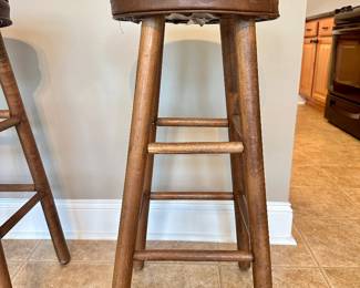 #045 Pair 29” Vintage Wooden Bar Height Stools w Faux Warm Brown Leather Top 29”h x 14.5”w seat 12.5” round $25