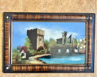 #015		Antique Reverse Painted (on glass) Clare Castle. Mother of Pearl-like inlay. Gorgeous! 29.5”w  x 19.5”t	 $ 85.00 																						